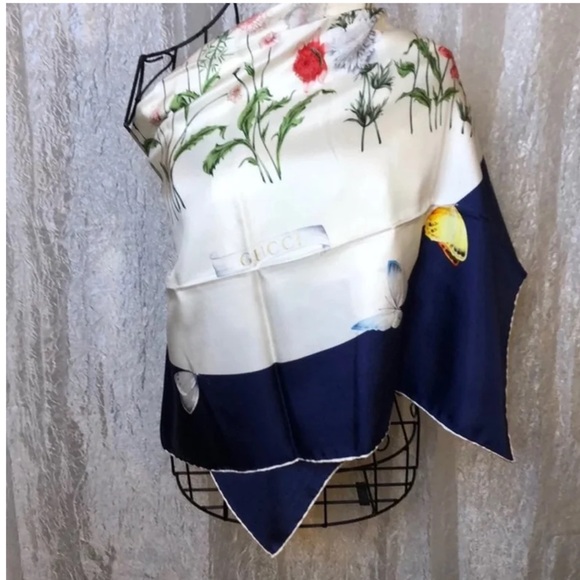 Gucci Floral Print Silk Scarf - Cream and Blue - Picture 1 of 5